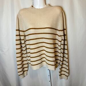 Garnet Hill Women’s L Wool Linen Stripe Sweater Beige Brown Quiet Luxury Neutral